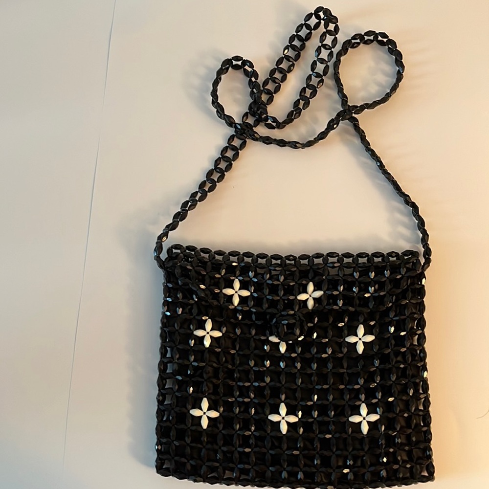 Vintage beaded bag, black and white